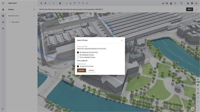 Select the 3D data for the export 